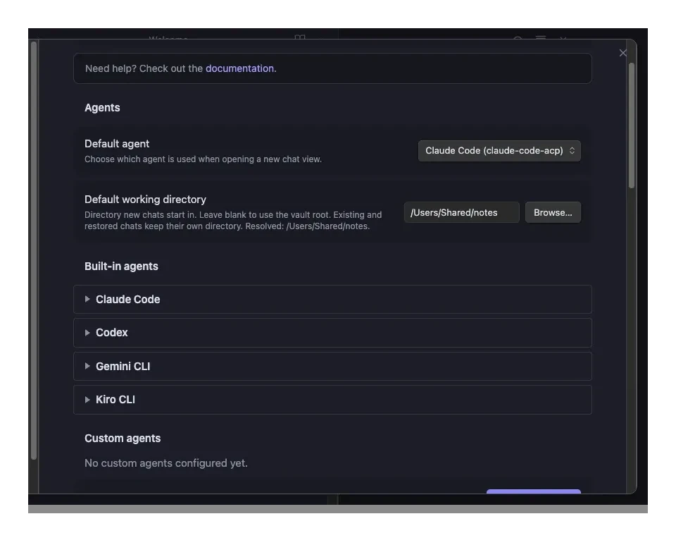 Agent Console settings with each built-in agent shown as a collapsed accordion section under Built-in agents