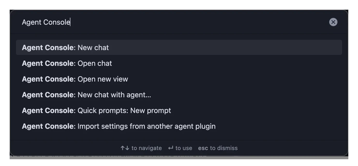 Obsidian command palette filtered to Agent Console, showing Open chat, New chat, and New chat with agent
