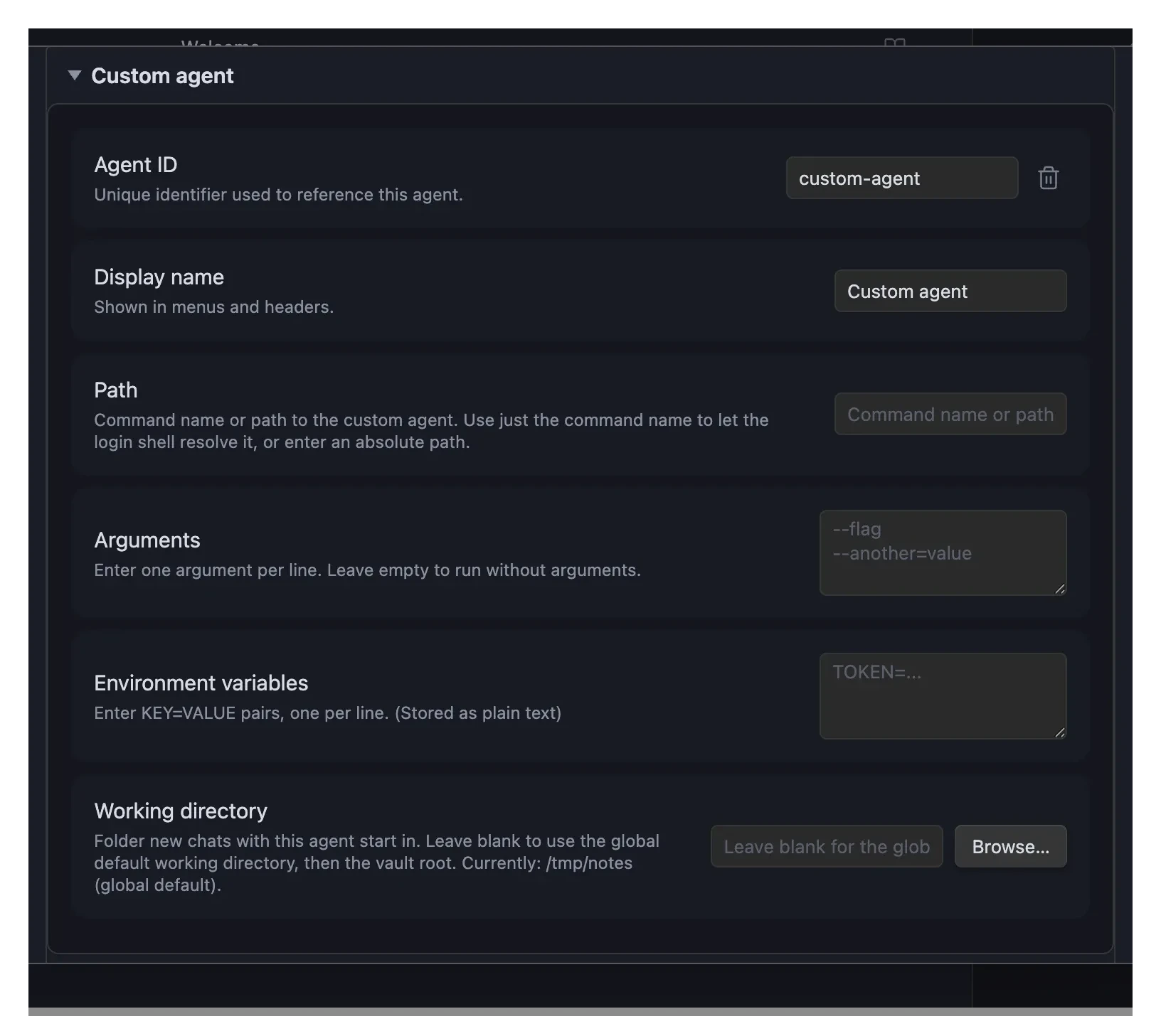 Agent Console settings showing the Add custom agent form with Agent ID, Display name, and Path fields