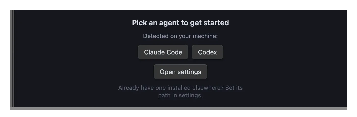 Agent Console getting-started panel showing detected agents as one-click picks and an Open settings button