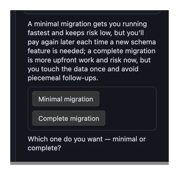 An agent reply in Agent Console showing two choice buttons rendered natively below the explanation text