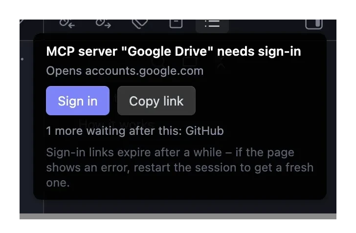 Corner prompt saying an MCP server needs sign-in, showing the sign-in page's address with Sign in and Copy link buttons