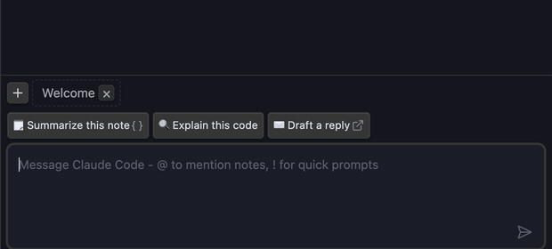 Typing an @ note mention, choosing a note, and sending — the mentioned note appears as a pill in the context strip