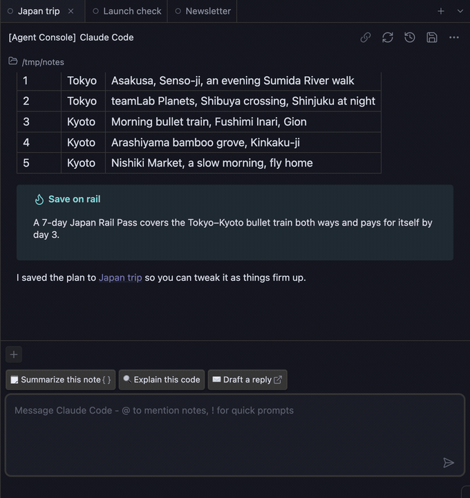 Three agent sessions in parallel tabs beside an open note in Obsidian – each tab keeps its own conversation and status icon