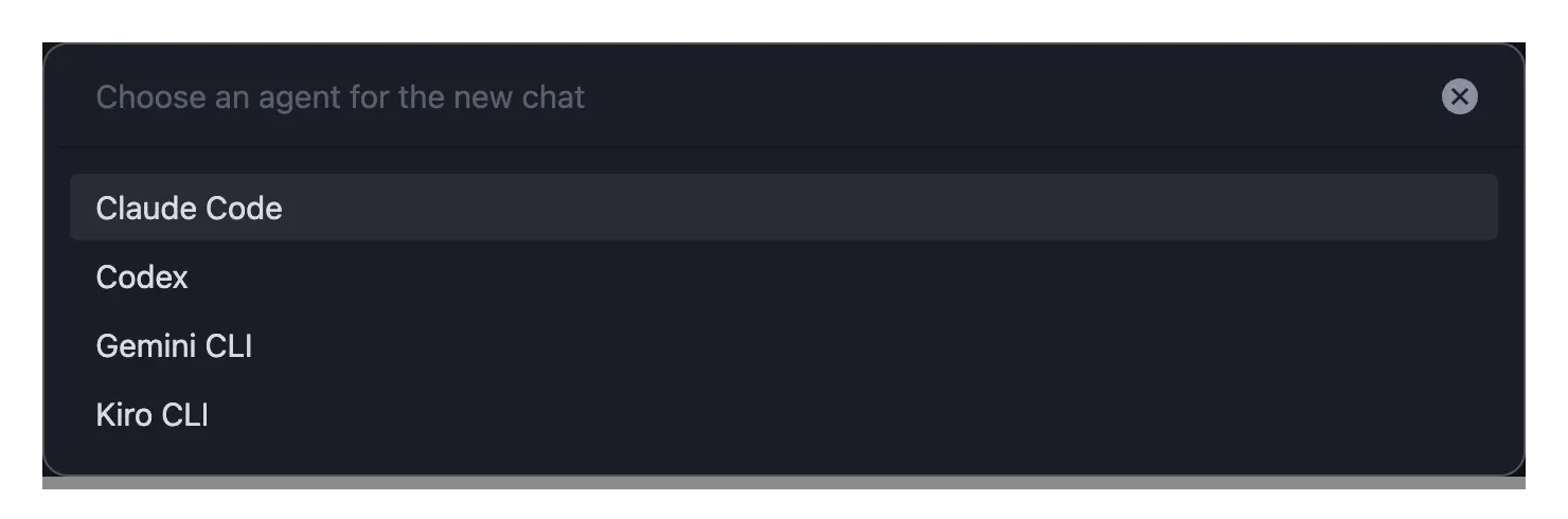 Agent Console New chat with agent picker listing the configured agents