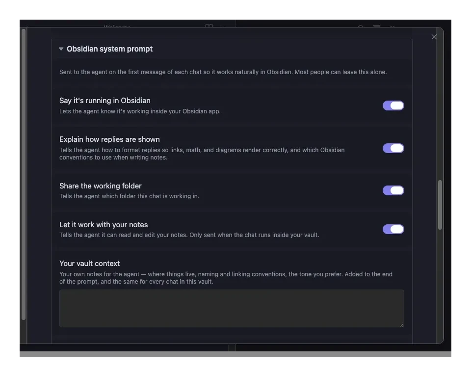 Agent Console settings showing the editable Obsidian system prompt with per-block include toggles and a reset-to-defaults button