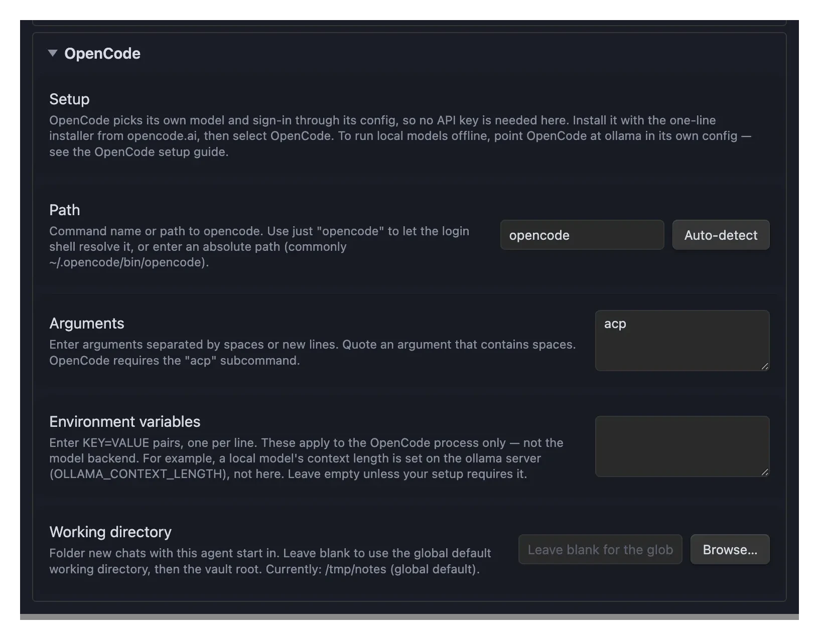 Agent Console settings showing the OpenCode built-in agent section with Path and Arguments fields