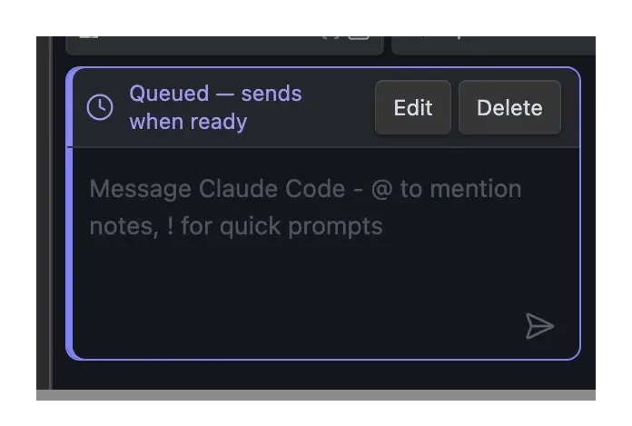 Agent Console composer locked with a Queued — sends when ready banner and Edit and Delete controls, holding the next message until ready