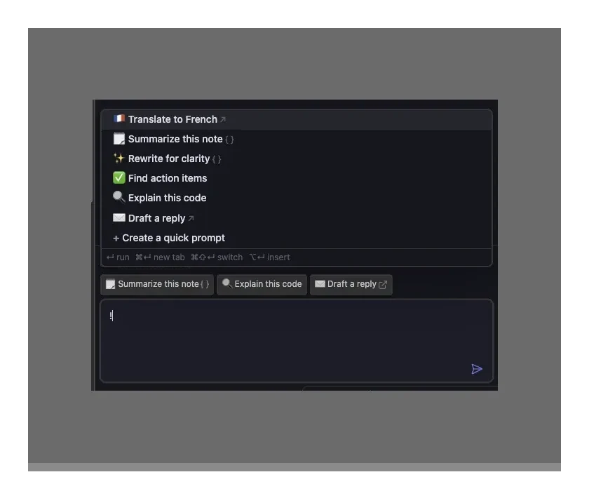 Agent Console composer with quick-prompt chips above the box and the ! launcher dropdown open: prompts, a Create row, and a key legend