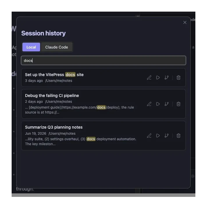 Agent Console session-history modal with a search box filtering sessions, showing highlighted title and snippet matches