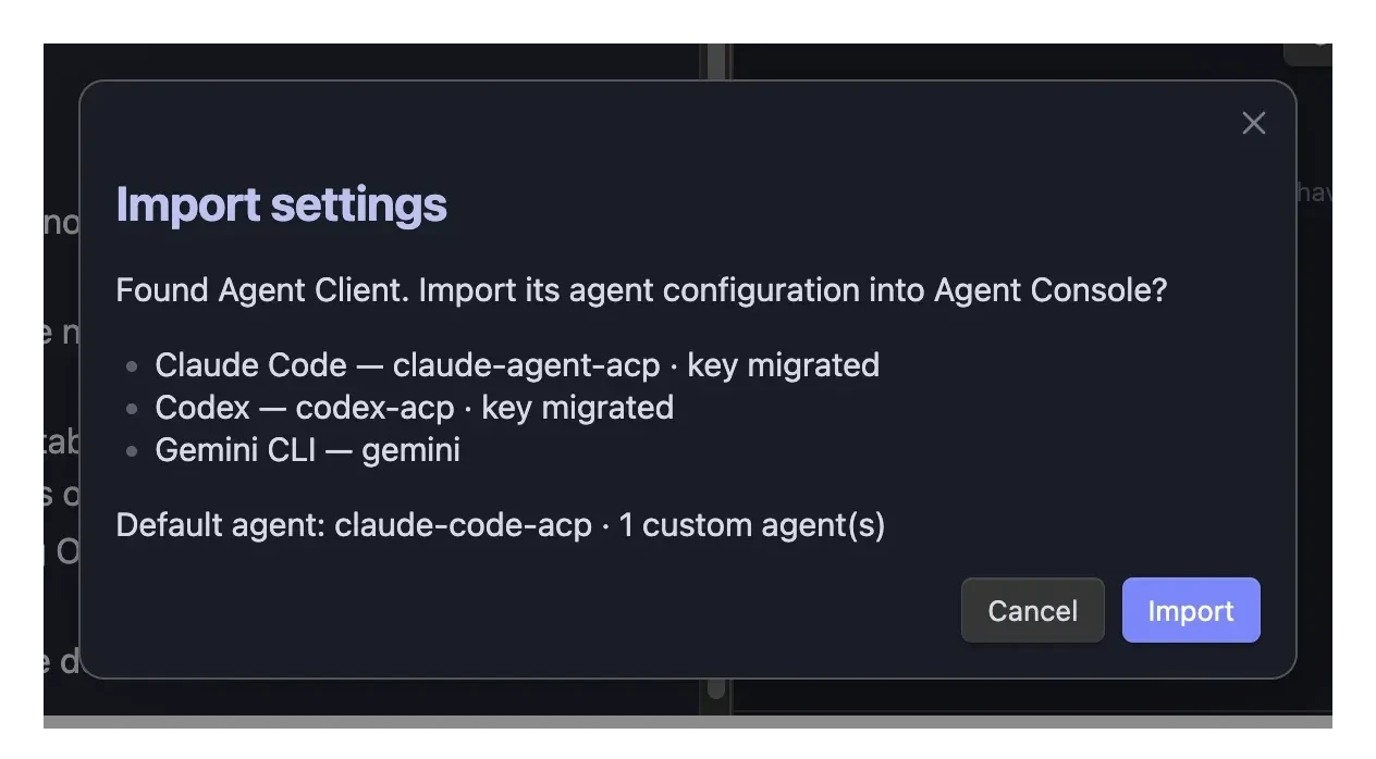 Agent Console settings-import preview modal listing the agents and keys that would be imported