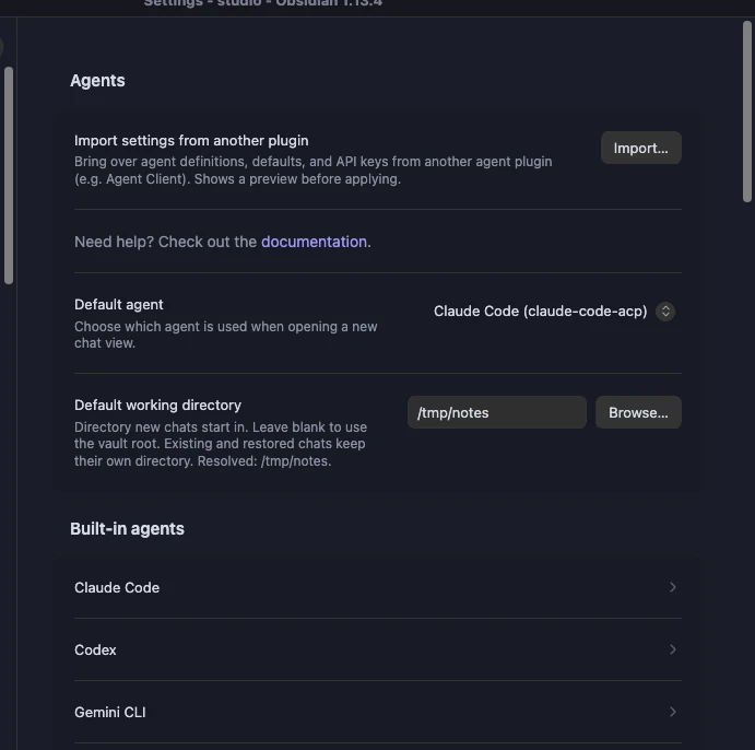 Agent Console settings on Obsidian 1.13 with built-in agents listed as navigable page rows