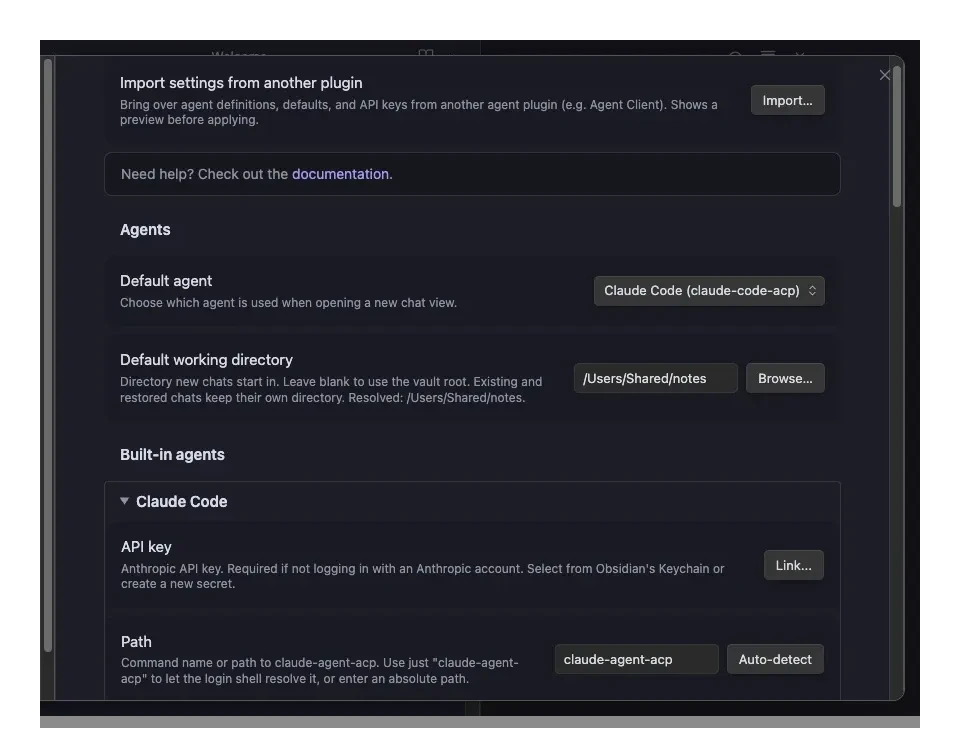 Agent Console settings showing the Default working directory option that sets where new chats start
