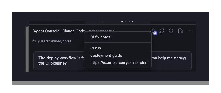Agent Console shared-links bubble with an accent count badge and its open dropdown grouping links into New this session and Earlier