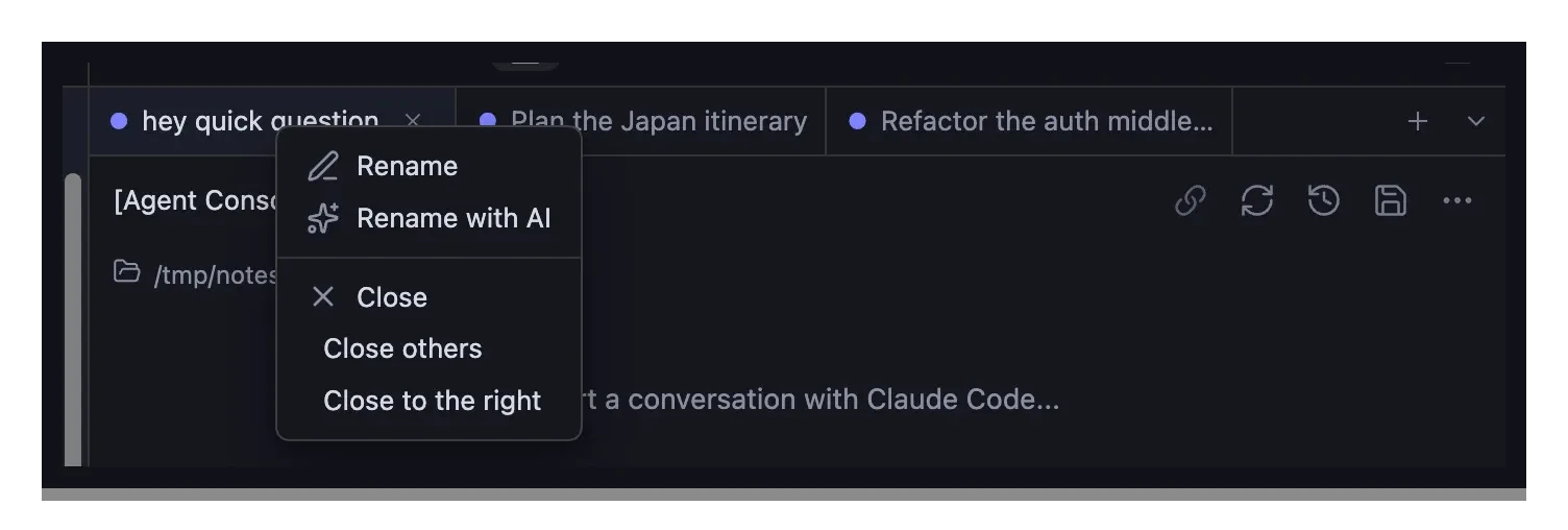 Agent Console tab right-click menu with Rename with AI listed below Rename