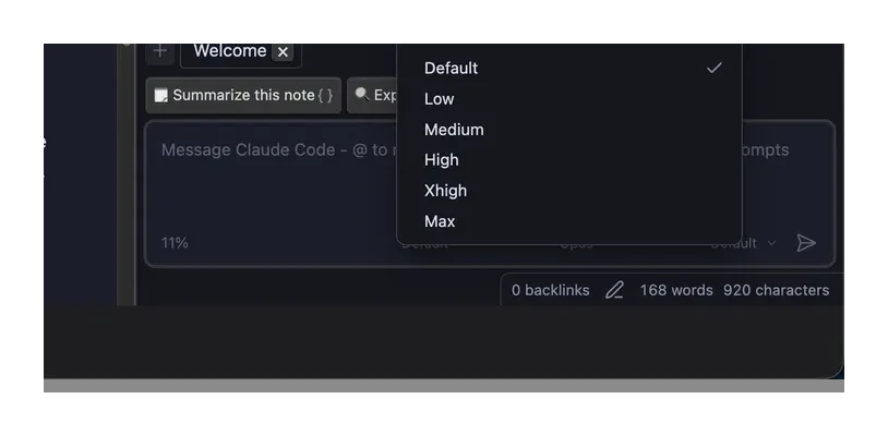 Effort-level menu showing Default, Low, Medium, High, and Max