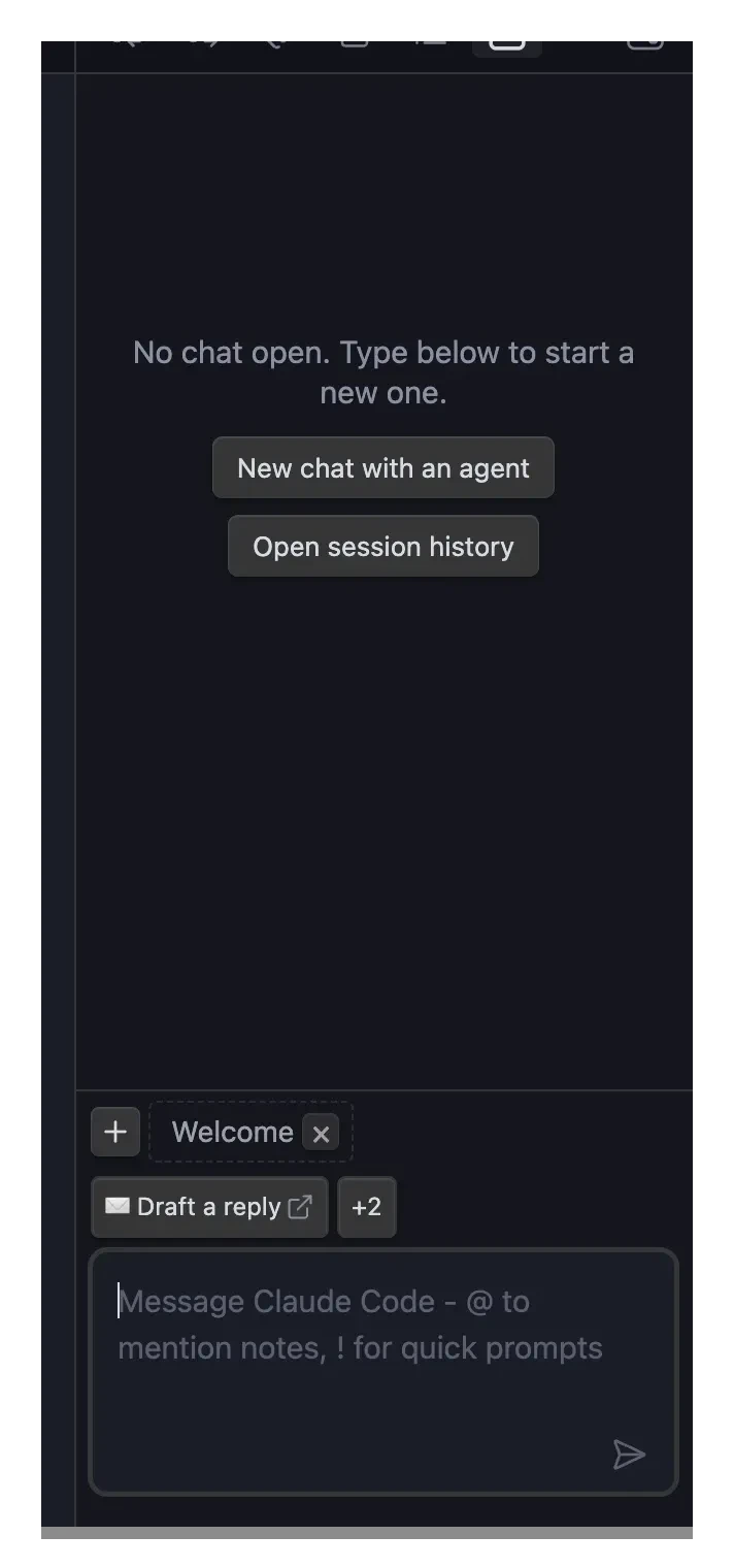 Agent Console zero-tab landing: a launcher composer, quick-prompt chips, and New chat / with an agent / Open session history actions
